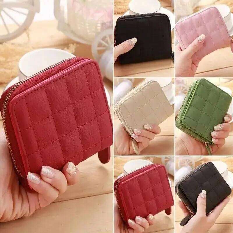 Women'S Card Holder Plaid Zipper Purse Coin Compartment PU Leather Short Wallet For Everyday Use Y260206