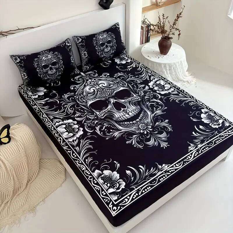3pcs Black White Gothic Skull Fitted Sheet Set 3D Printed Mattress Covers Soft Breathable With 2 Pillowcases for Adults Bedroom XJ260206