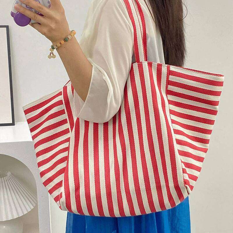 Large Capacity Canvas Shoulder Bag Simple Striped Women's Shopper Tote Casual Multifunctional Travel Top-Handle Handbag Y260204