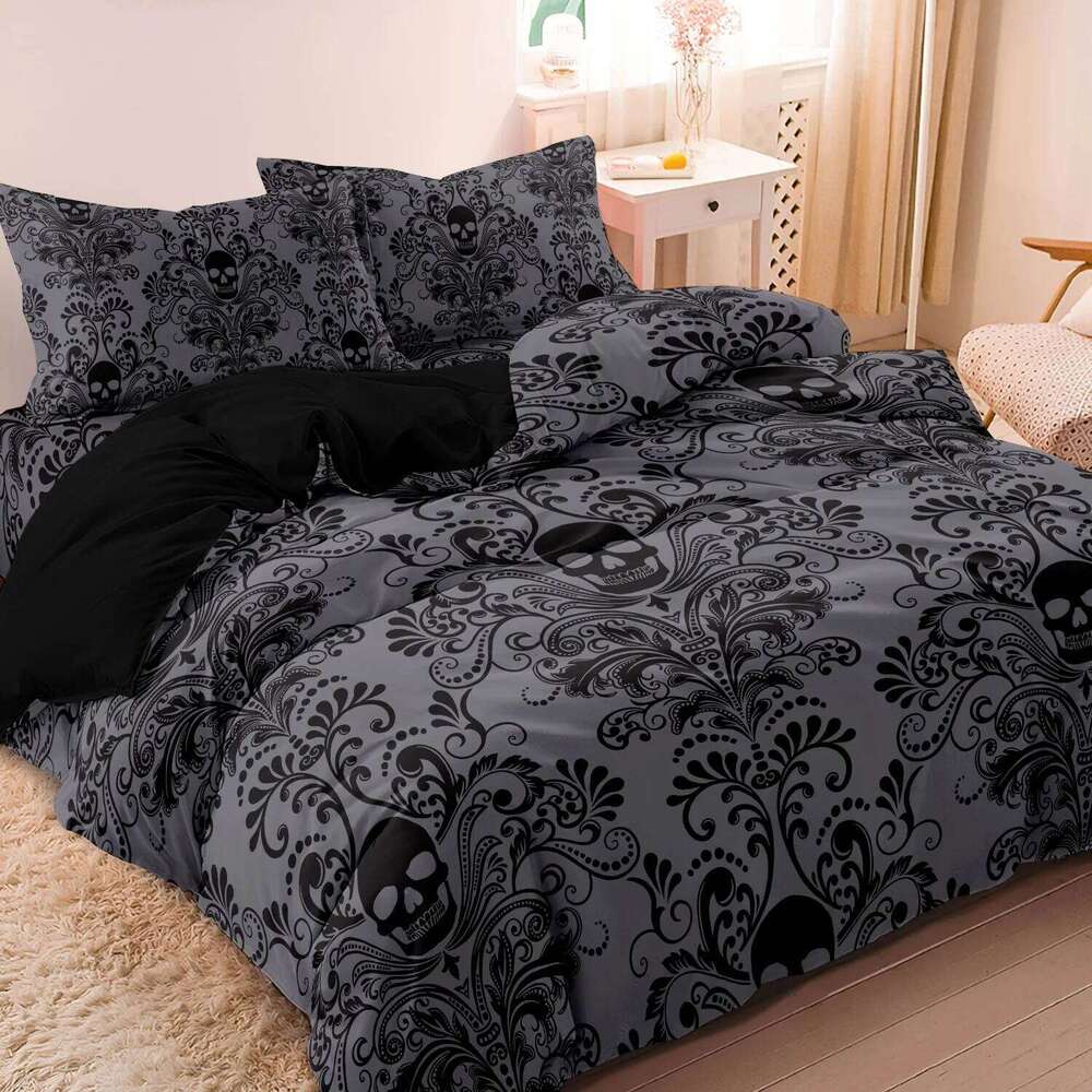 3pcs Soft & Breathable Dark Grey/Black Gothic Victorian Floral Duvet Cover with All-Season Luxury Bed Sheets, Machine Washable XJ260206