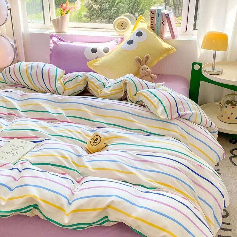 New Cartoon Striped Printed Bedding Sets Aloe Cotton Skin Friendly Breathable Comforter Cover Set Twin Double Size Bed Linens XJ260206