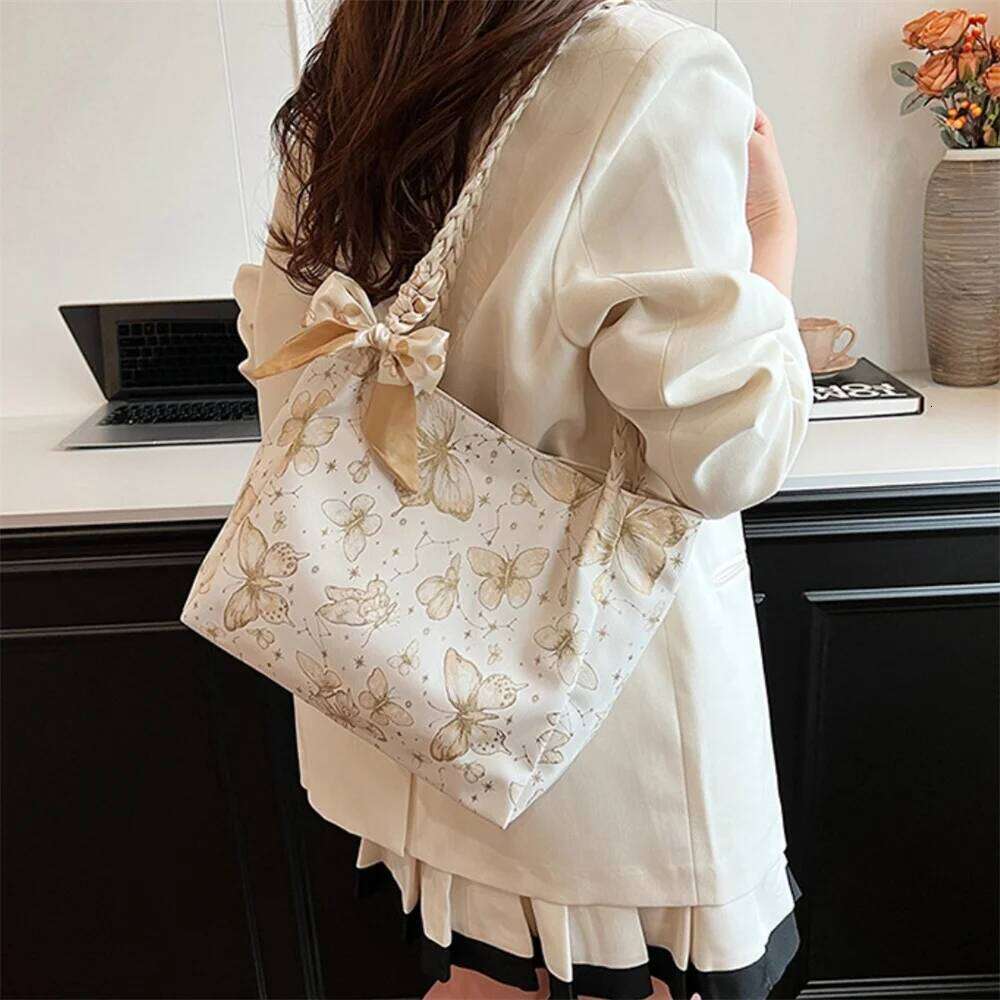 Summer Large Capacity Shoulder Bag Butterfly Print Casual Tote Bags Fashionable Student Commuter Handbag with Ribbon 2025 New Y260205