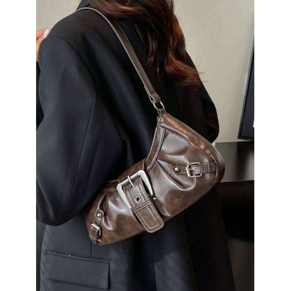 Y2K retro soft matte leather motorcycle with studs, straps, and pleated cloud decoration, can be worn as a shoulder bag or u Z260207 - view 3