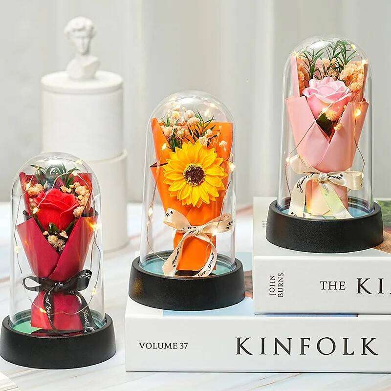 Handmade Artificial Flower Rose Sunflower Desktop Ornament with Led Lights Romantic Home Decor Gifts for Valentines Day Gift S260204