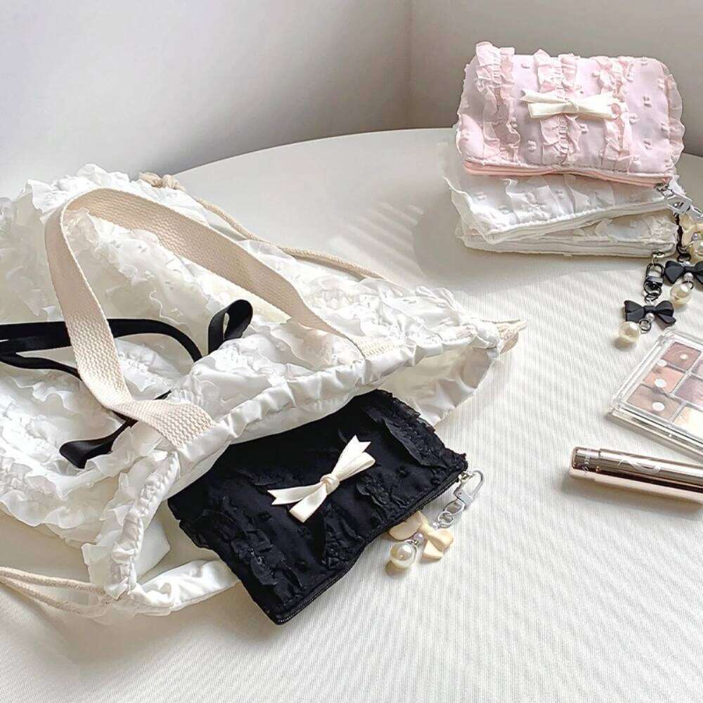 Cute Women Makeup Mini Korean Lace Bow Portable Coin Purse Small Pouch Handbag Kawaii Female Cosmetic Storage Zipper Bag Y260206