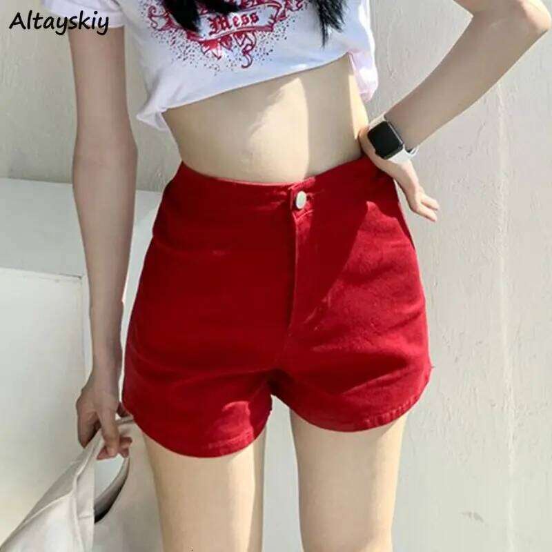 Red Denim Shorts Women Summer Leisure Simple High Waist Hot Sweet Ulzzang Students Harajuku Y2k Korean Style All-match Fashion XJ260206