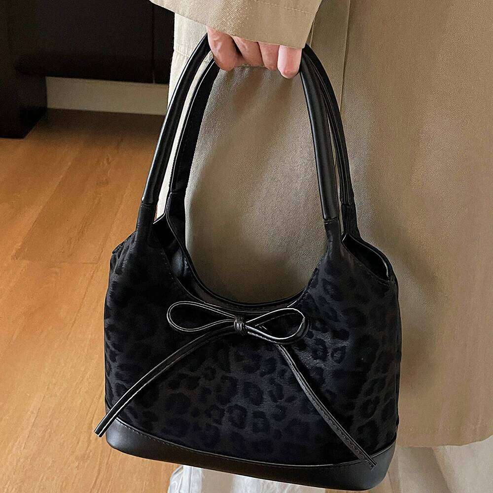 2025 New Trendy Bowknot Leopard Tote Color Block Patchwork Underarm Handheld Bag Versatile Commuter Shoulder Bags Handbags Y260205