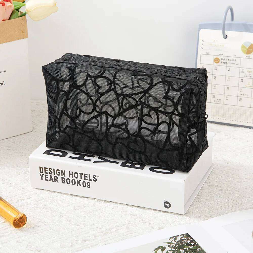 1Pc Fashion Heart Transparent Women Cosmetic Mini Portable Makeup Lipsticks Storage Pouch Handbag Mesh Nylon Zipper Bag Y260206