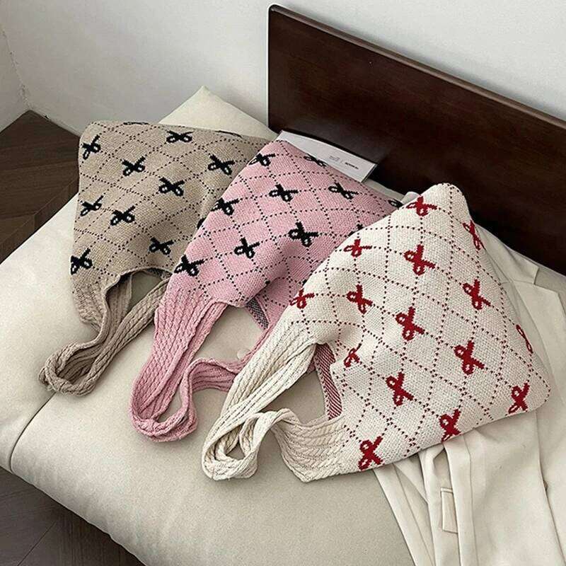 Designer Beach Shoulder Women Crochet Tote Large Capacity Bow Pattern Knitted Shopping Bag Traveling Handbag Y260204