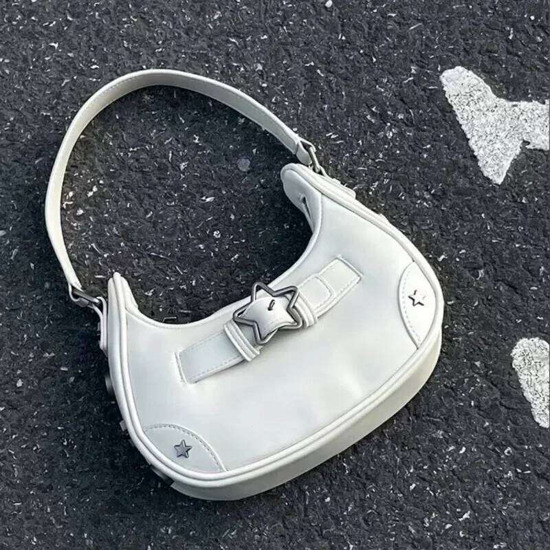Vintage Korean Casual Cute White Star Shoulder Underarm Tote Bag Ladies Sling Bags Leather Zip Purses Handbags Women Y260205