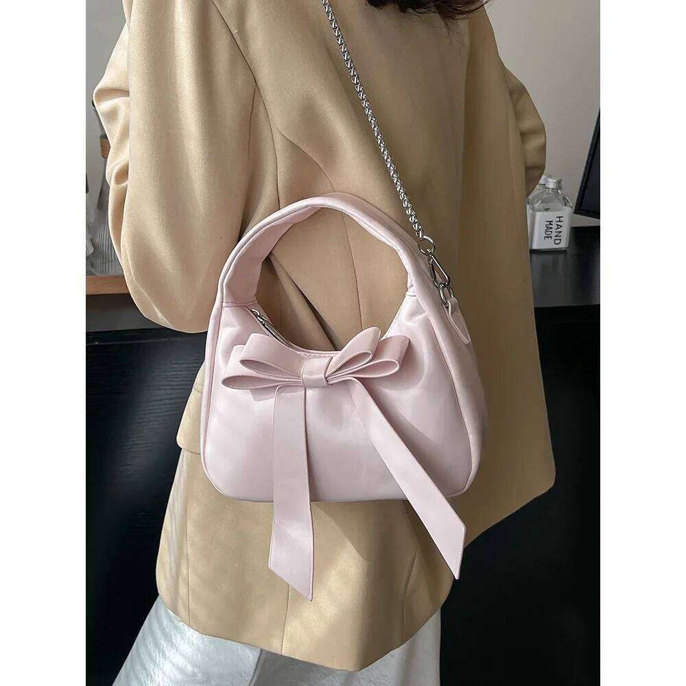 Cute Bows Handbag for Women Solid Pu Leather Small Commute Handle Bags Lady Casual All-matched Chain Shoulder Pack Party Purse Y260205