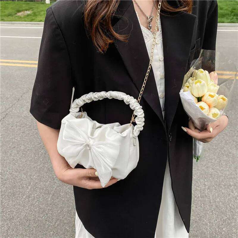 Bow Accented Ruched Tote Bag, Retro Chic Chain Crossbody Bags for Women Mini Crossbody/handbag Purse, Trendy Cloud Shoulder Bag Z260207 - view 3