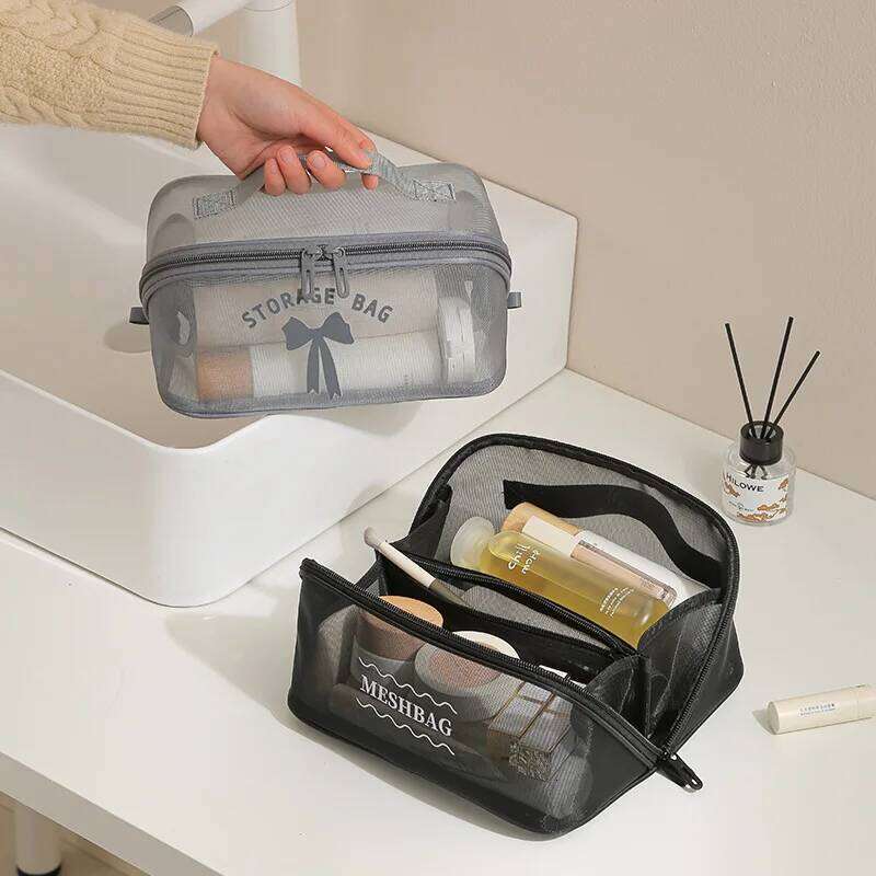 Mesh Makeup Bag Large Capacity Portable Cosmetic Pouch Multifunctional Travel Toiletries Organizer Y260206