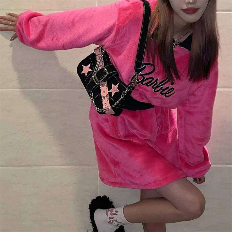 Ladies Y2k French Star Shoulder Pink Cool Hottie Underarm Fashion Hand Sweet Style Kawaii Small Bag Y260205