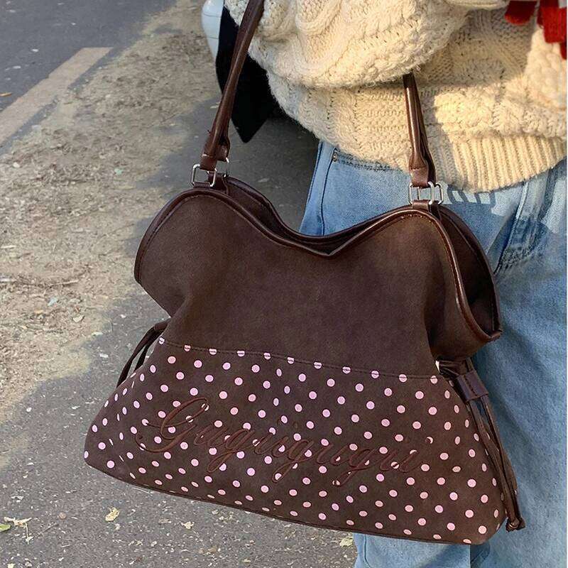 Polka Dot Suede Shoulder Women Stylish Brown Slouchy Tote Drawstring Design Magnetic Buckle Underarm Bag With Star Pendant Z260207 - view 3