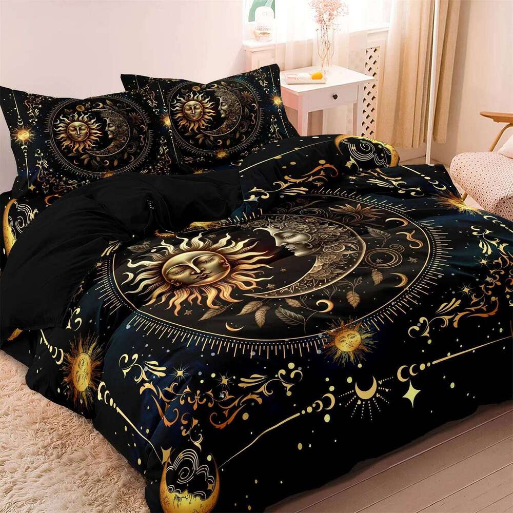 3pcs Super Soft Breathable Golden Sun And Moon Planet Duvet Cover Set At Home Dormitory High Definition Numerical Code Printing XJ260206