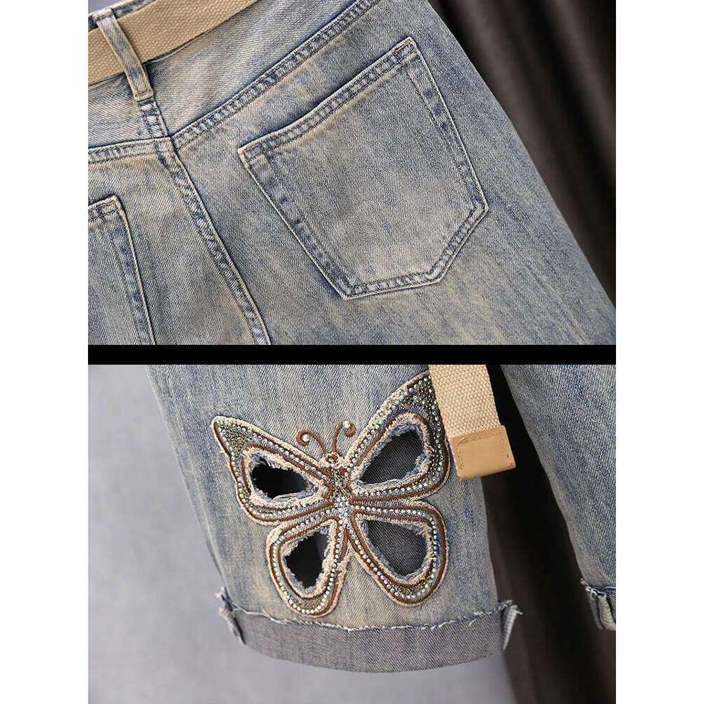 Women Hollow Denim Shorts 2025 New Summer High Waisted Fashion Butterfly Decal Half Length Jean Versatile Casual Pants XJ260206