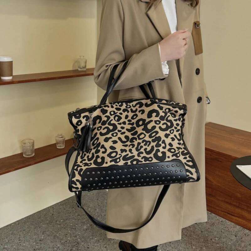 Fashion Leopard Pattern Women's Handbag Retro Rivet New Large Capacity Multi Functional Travel Shoulder Crossbody Bag Y260204