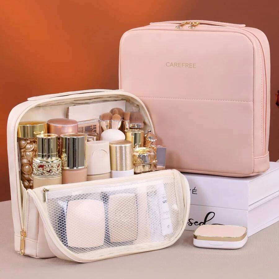 PU Standing Cosmetic Bag Portable Large Capacity Partitioned Makeup Organizer For Travel And Daily Use Y260206