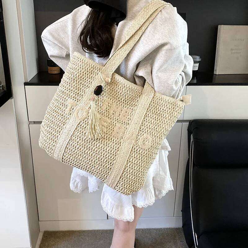 French Style Large Capacity Straw Woven for Women New Beach Vacation Shoulder Casual Commuting Tote Bag Purse C260207