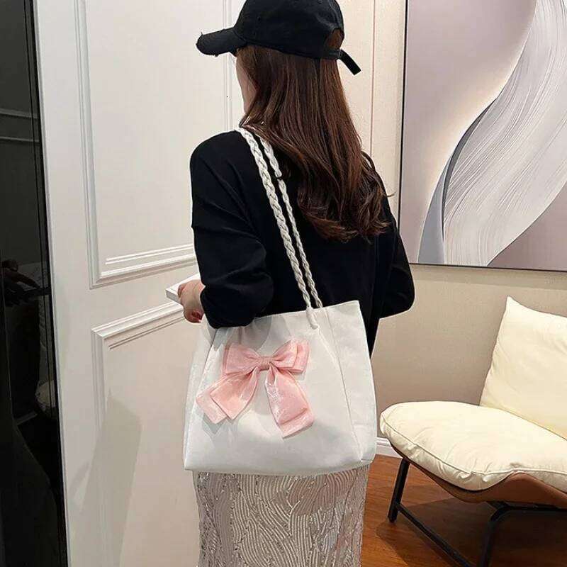 Fashion Girls Bowknot Soft Shoulder Solid Zipper Versatile Ballet Style Portable Tote Braid Strap Underarm Casual Bag Y260205