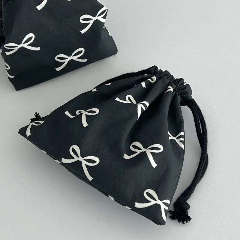 Women Sweet Kawaii String Makup Girl Korean Bow Printed Mini Drawstring Bag Cosmetic Storage Pouch Y260206