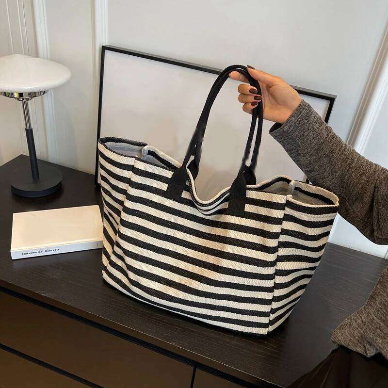 Trendy Simple Stripe Design Tote For Girls Women Canvas Shoulder Bag Ladies Shopping Bags High Quality Handbags Y260205