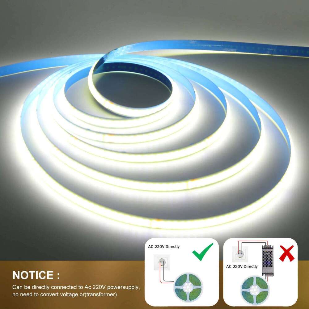 AC 220V COB Strip 240Leds/M 5M 10M 20M 50M/Roll Red/Green/Ice Blue/Pink/White/Purple Flexible Ribbon LED Light For Home Decor Z260206