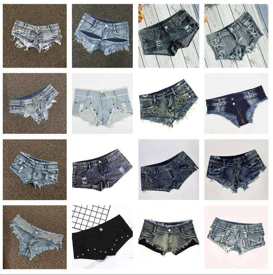 Women's Shorts Sexy Hole Rivet Low Waist Thong Denim Ultra Mini Short Female Bikini Jeans Feminino Nightclub XJ260206
