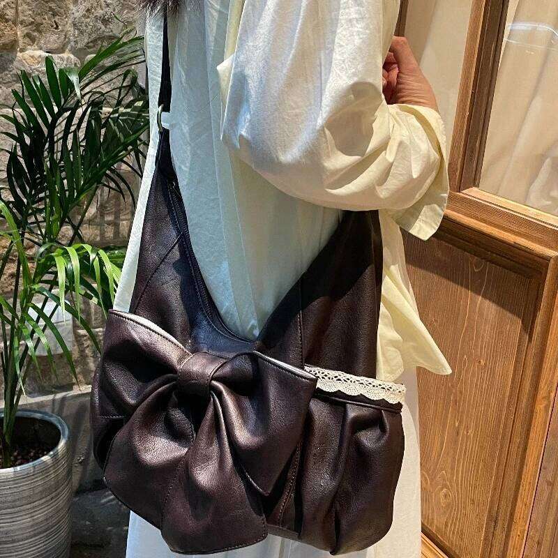 Vintage Casual Fashion Chic Bow Shoulder Bag Women Sweet Y2k Aesthetic Pleated Handbags Korean Ins Patchwork Lace Crossbody Bags Z260207 - view 5