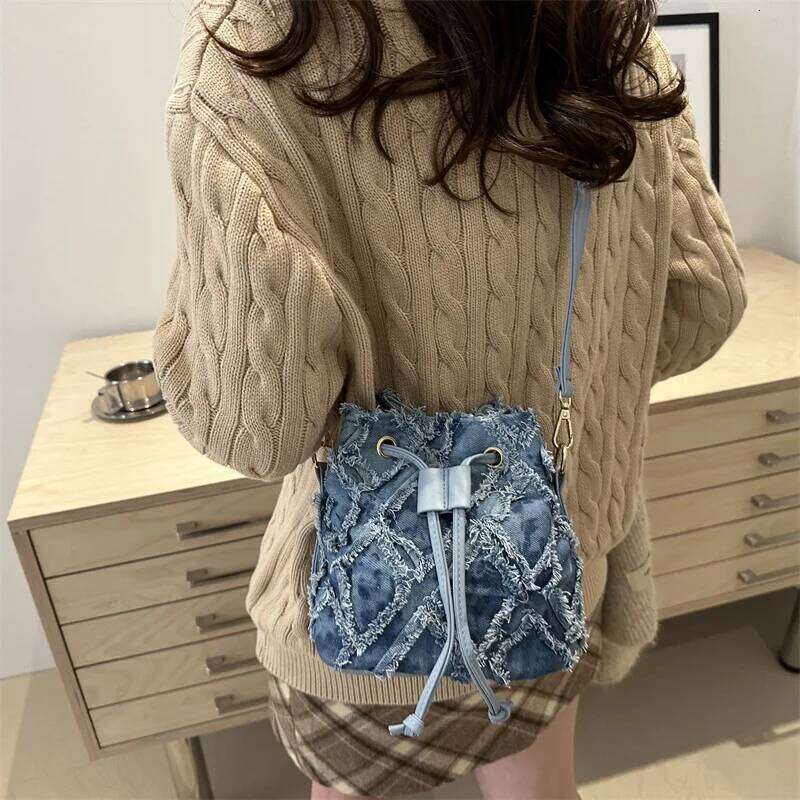 Mini Style Denim for Women Stylish Drawstring New Bucket Cell Phone Bag, Versatile Women's Shoulder Cross Bags Y260205