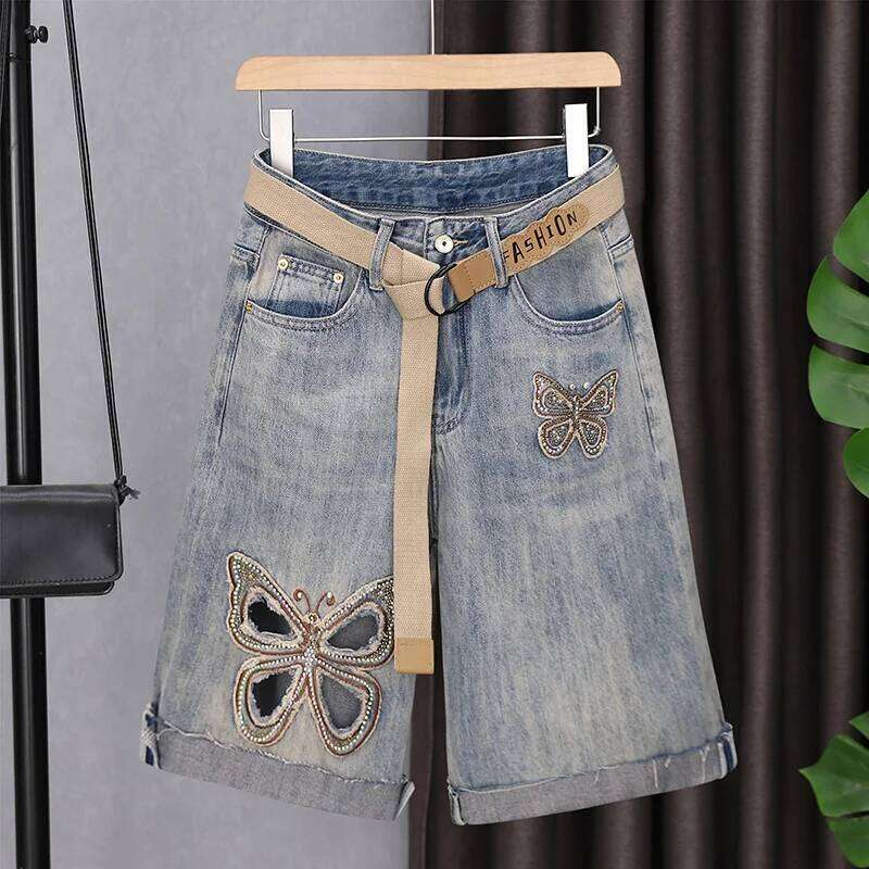 Women Hollow Denim Shorts 2025 New Summer High Waisted Fashion Butterfly Decal Half Length Jean Versatile Casual Pants XJ260206