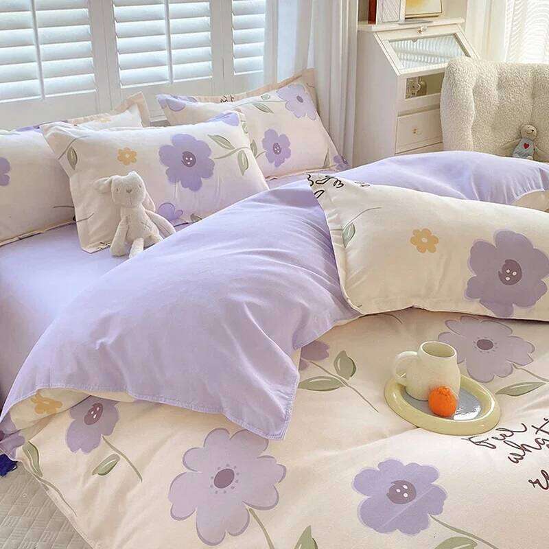 Skin-Friendly Twill Fabric Bed Sheet Four Piece Set Ab Double-Sided Color Blocking Bedding Sets Flower Printed Quilt Cover XJ260206