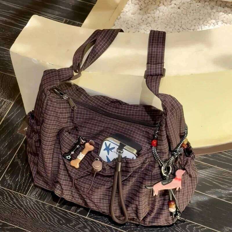 Korean Nylon Fashion Simple Plaid Zipper Tote Drawstring Pleated Cloud New Commuter Crossbody Shoulder Bag Z260207