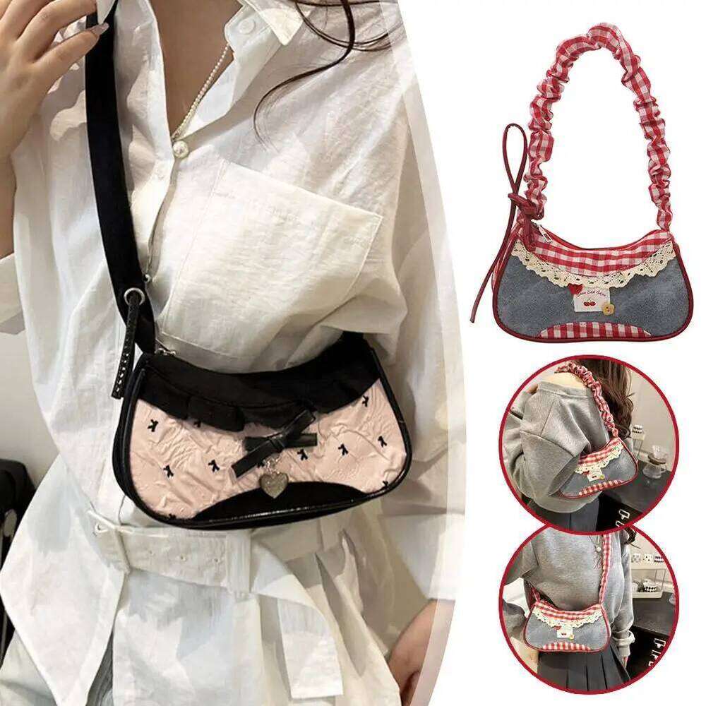 New Cute Checkered Handbags Sweet Lace Underarm Bowknot Armpit Crossbody Y2k Fashion Casual Shoulder Bag Y260205