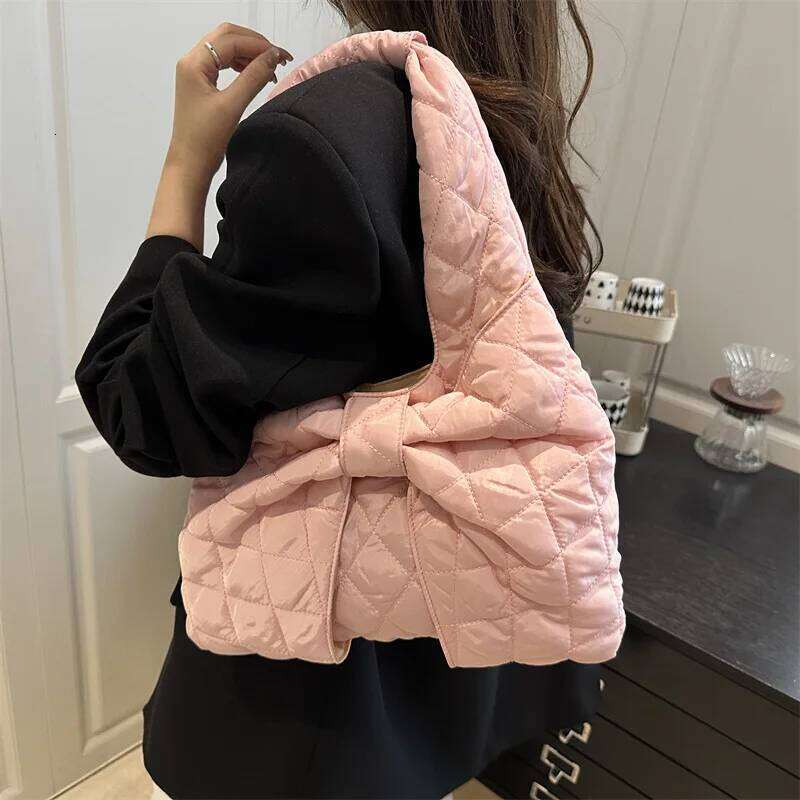 Simple Quilted Design Women's Shoulder Bags Bow Solid Color Ladies Underarm Vest Bag Large Capacity Female Casual Tote Handbags Y260205