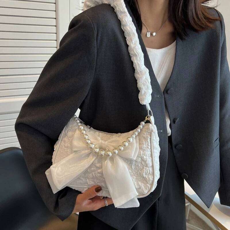 White Pleated Pearl Female Luxury Designer Handbag Cute Bow Shoulder Bag Fashion Y2K Vintage Women's Purse Versatile Y260205