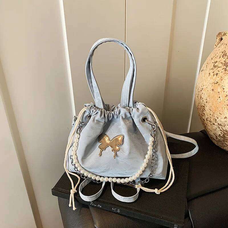 Fashion Butterfly Drawstring Shoulder Bags for Women Casual Soft Leather Ladies Backpack Tote Commuter Girls Pearl Chain Handbag Y260205