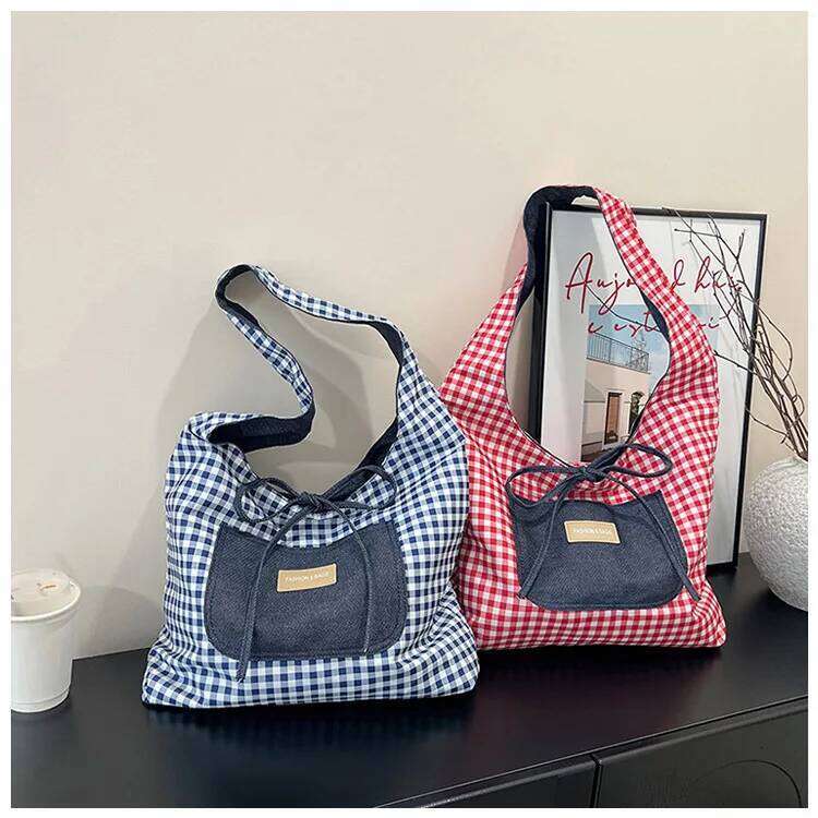 Double Sided Nylon Women's Shoulder Bags Large Capacity Plaid Ladies Tote Underarm Bag Threaded Simple Bow Casual Female Handbag Y260205