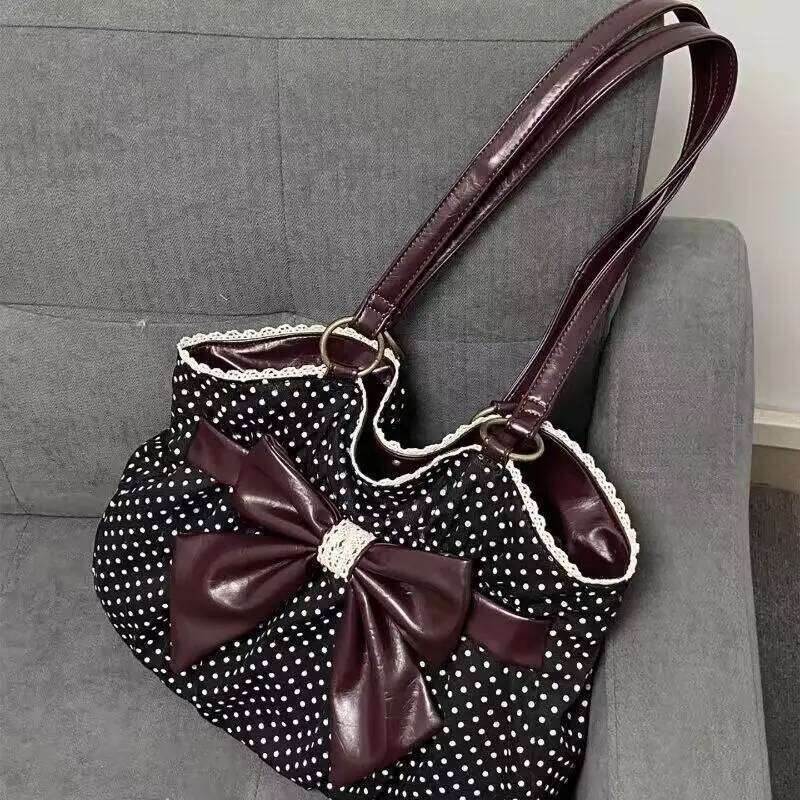 Vintage Y2k Polka Dot Bow Shoulder Japanese Sweet Underarm Stylish Cute Lolita Handbag Casual Versatile Plush Tote Bag Y260204