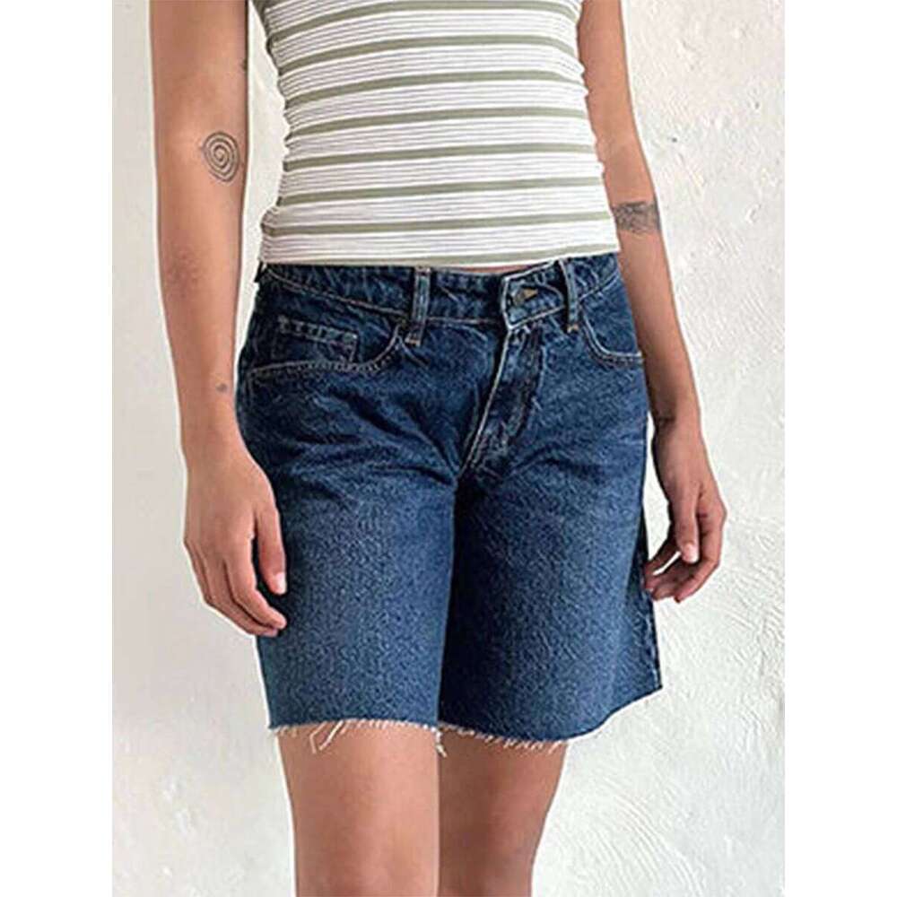 Women s High Waisted Distressed Denim with Frayed Hem and Pockets - Casual Vintage Bermuda Jean Shorts for Summer Beach XJ260206
