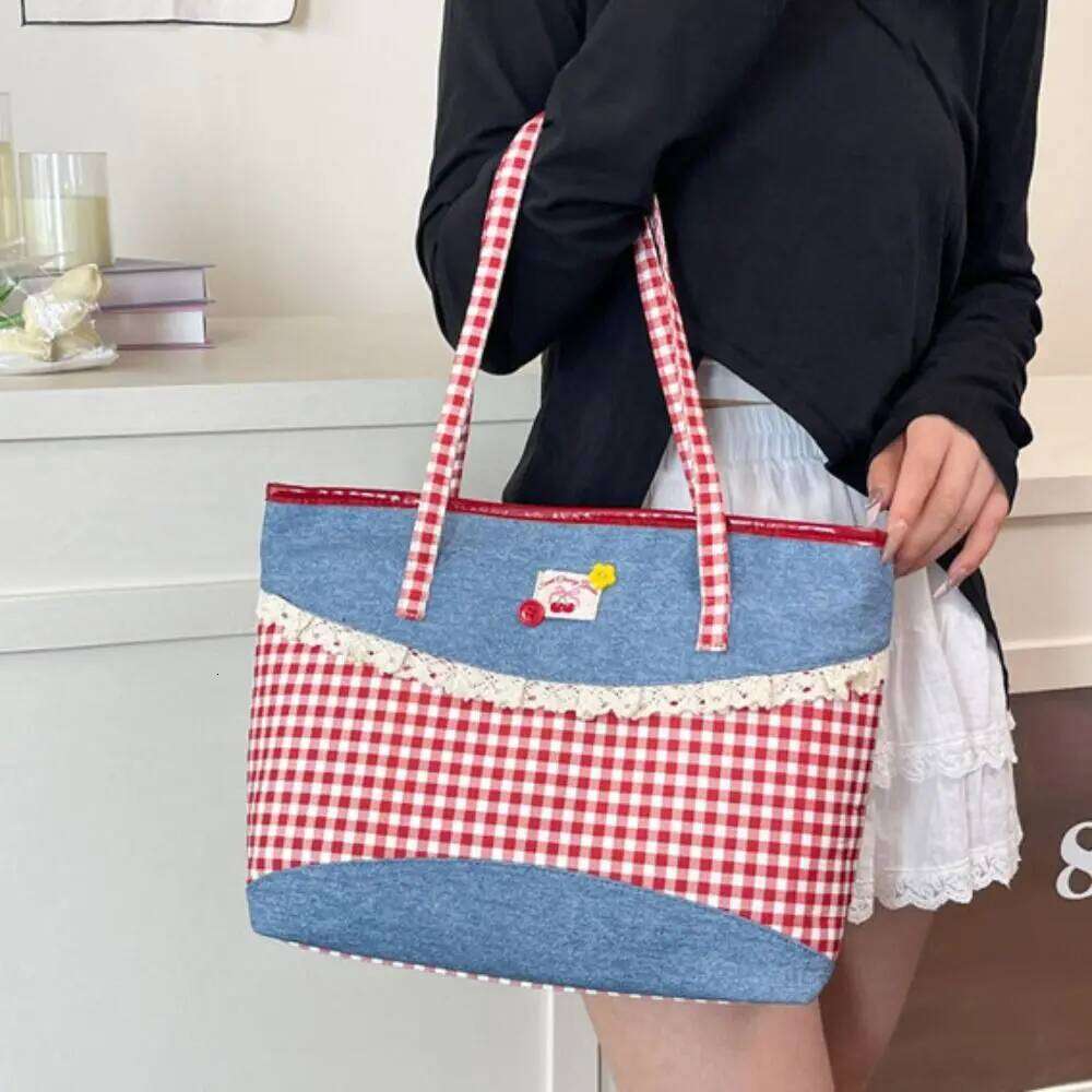 Retro Lattice Lace Bow Shoulder Rural Style Lovely Denim Plaid Handbag Leisure Vintage Commuting Tote Bag Women Y260205