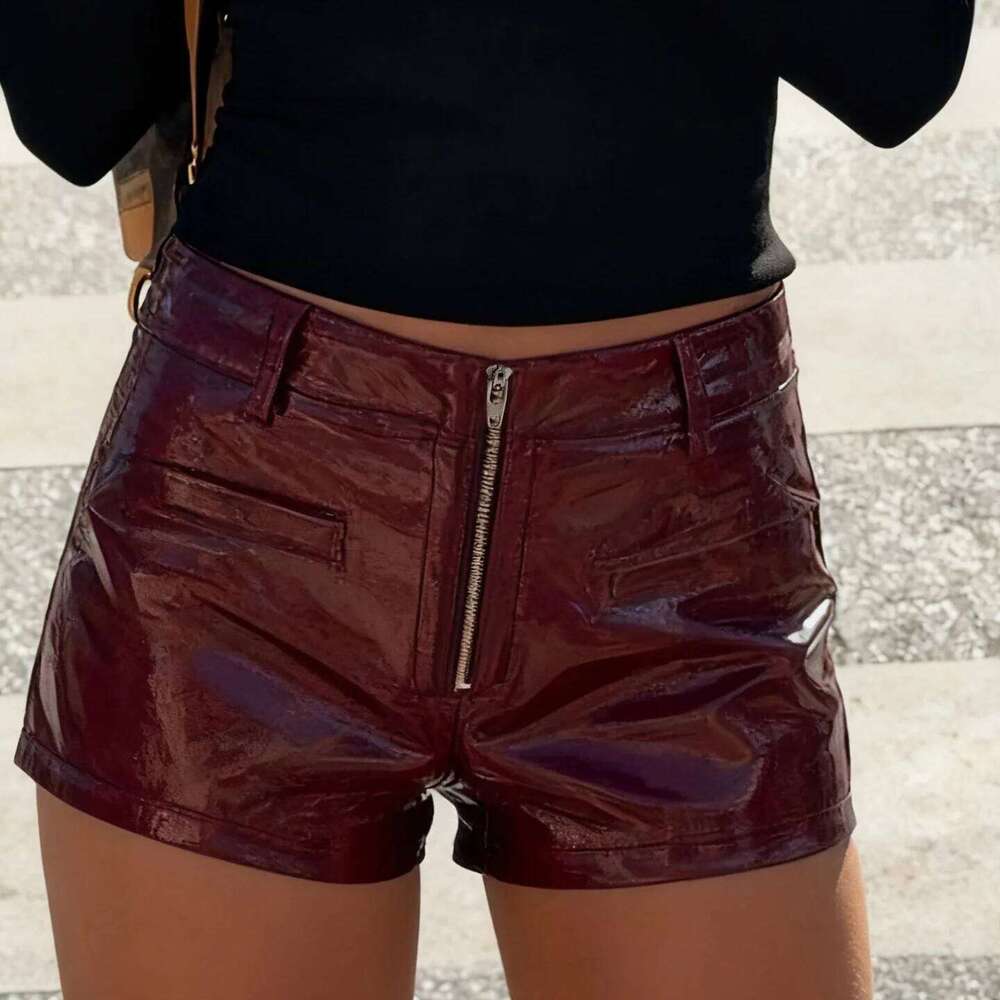Sexy Red PU Leather Booty Women Low Waist Straight Casual Shorts XJ260206