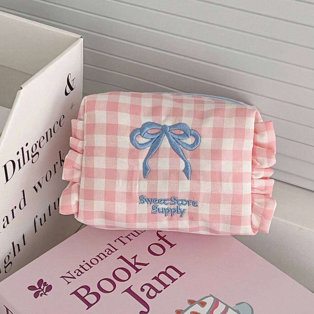 Women's Cosmetic Plaid Bow Student Sweet Style Ruffled Trousse Maquillage Organizer Pouch Makeup Bag Y260206