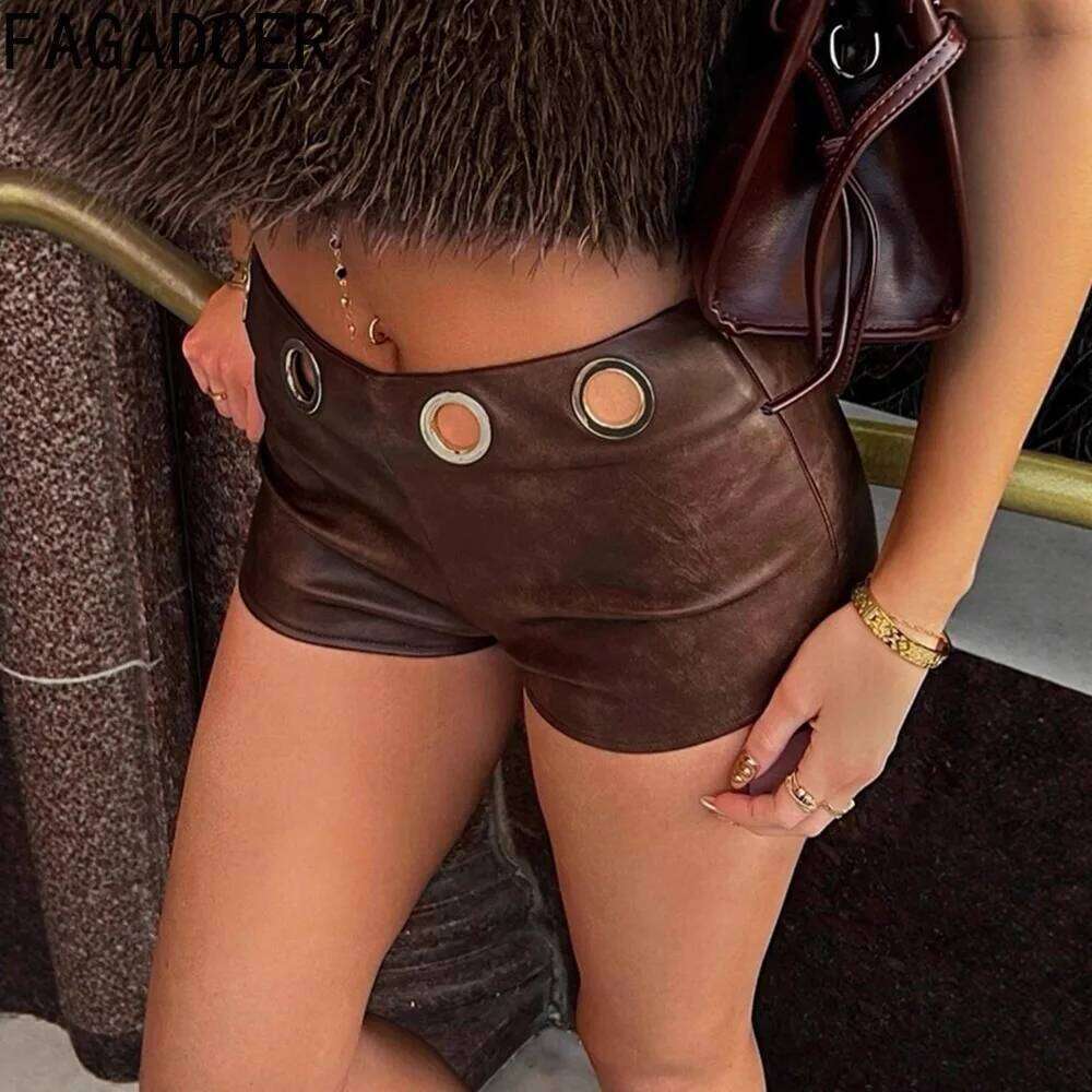 FAGADOER Sexy Leather Woman 2 Piece Set Outfit Solid Color Hole Patchwork Shorts Female Streetwear Bottoms Summer New XJ260206