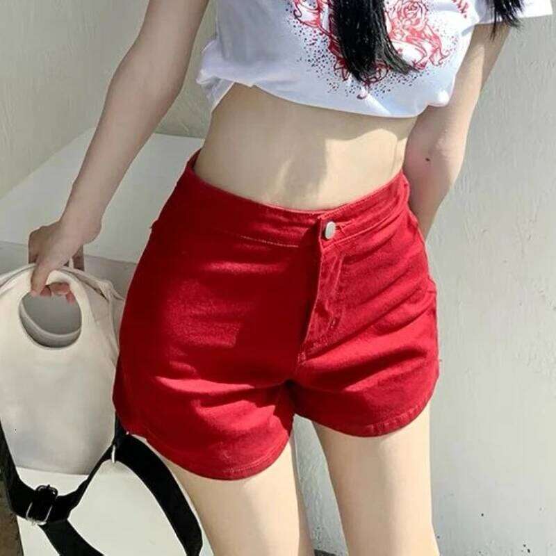 Red Denim Shorts Women Summer Leisure Simple High Waist Hot Sweet Ulzzang Students Harajuku Y2k Korean Style All-match Fashion XJ260206