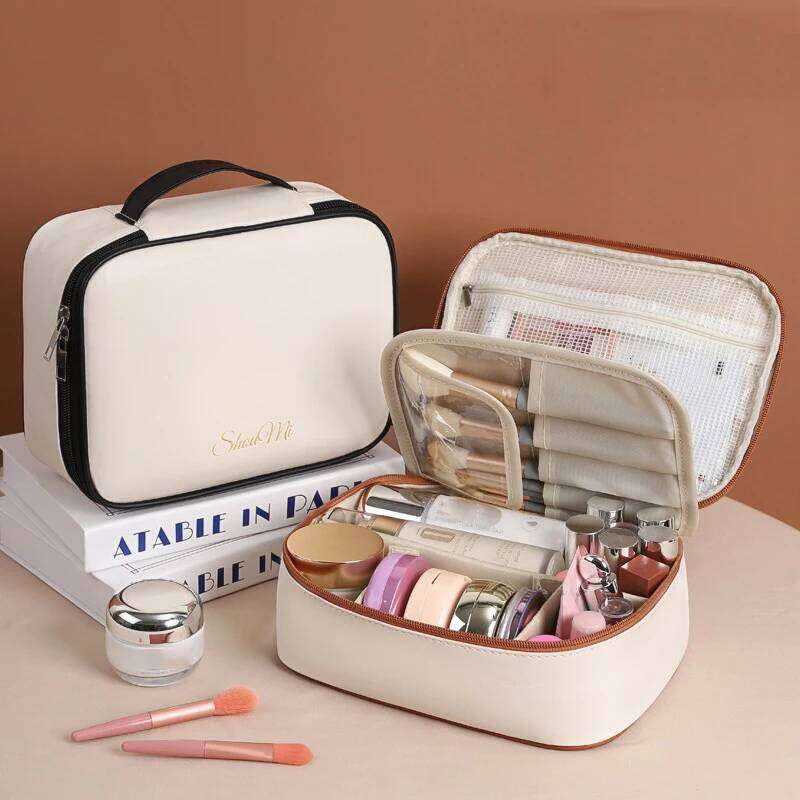 PU Large Capacity Women Tote Makeup Portable Travel Organizer Tolietry Cosmetic Storage Bag Ladies Double Layer Pouch Y260206
