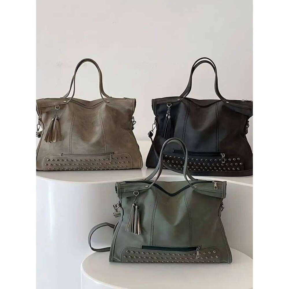CGCBAG Vintage Designer Luxury Women Tote Casual Lage Capacity Handbags Fashion Rivet Tassel PU Leather Female Shoulder Bag Y260204