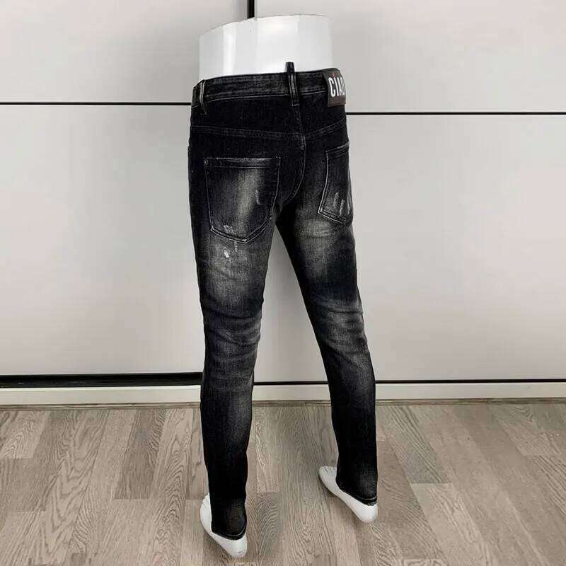 Street fashion men's black gray high-quality stretch slim fit wave jeans, designer retro brand pants, hombre X260207