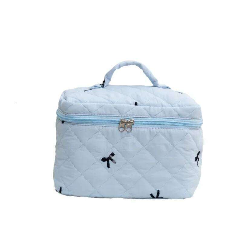 1pc Black Quilted Bow Makeup Case Zipper Portable Travel Storage Make Up Bag for Women Girl Y260206